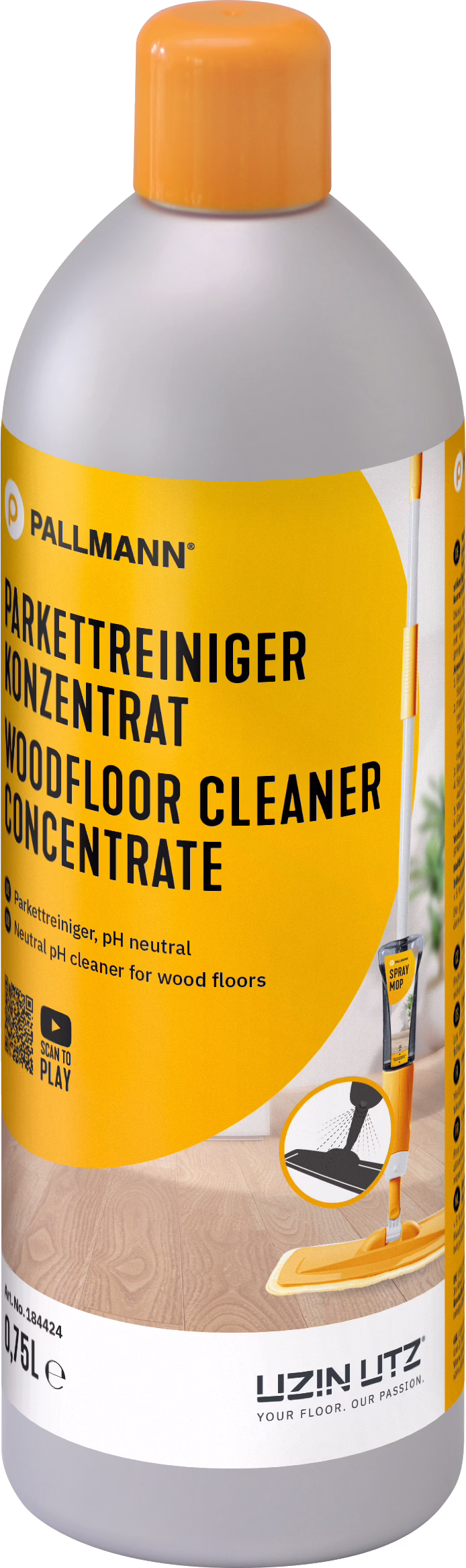 PALLMANN_Dummy_Parkettreiniger-Konzentrat_0,75l_msl_2025_03 Une bouteille en plastique haute avec une étiquette jaune-orange vive contenant un concentré nettoyant pour parquets. La marque 'PALLMANN' est bien visible en haut; on lit en lettres noires 'PARKETTREINIGER KONZENTRAT / WOODFLOOR CLEANER CONCENTRATE'. L'étiquette montre une illustration d'une serpillière à pulvérisation et une icône indiquant une formule neutre en pH. La contenance '0,75 L' est indiquée en bas. Un code QR et de petits pictogrammes d'utilisation figurent également; le bouchon est orange et l'épaulement de la bouteille est gris. Le produit est présenté comme un concentré neutre en pH pour le nettoyage des sols en bois, à diluer avant usage; le design met l'accent sur un style moderne et des instructions claires pour l'utilisation avec une mop.