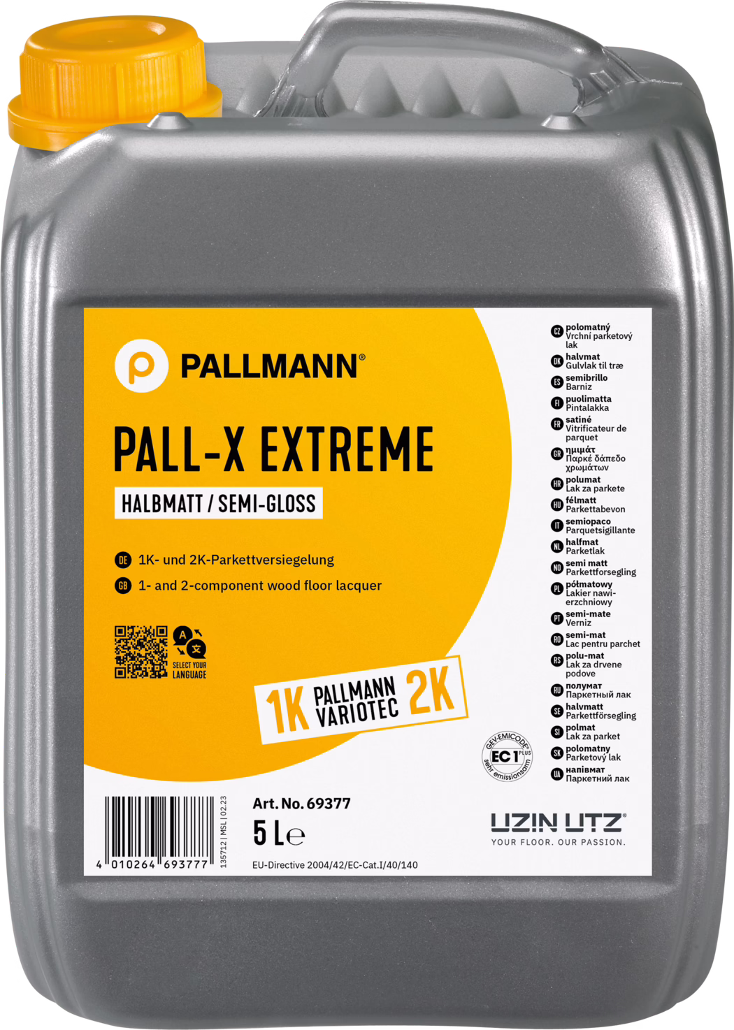 Bidon plastique gris de 5 litres avec étiquette orange‑jaune et bouchon jaune : Pallmann PALL‑X EXTREME vernis parquet semi‑brillant, 1K/2K, fabriqué par Uzin Utz ; l'étiquette indique le produit, le fini, le volume et l'utilisation.