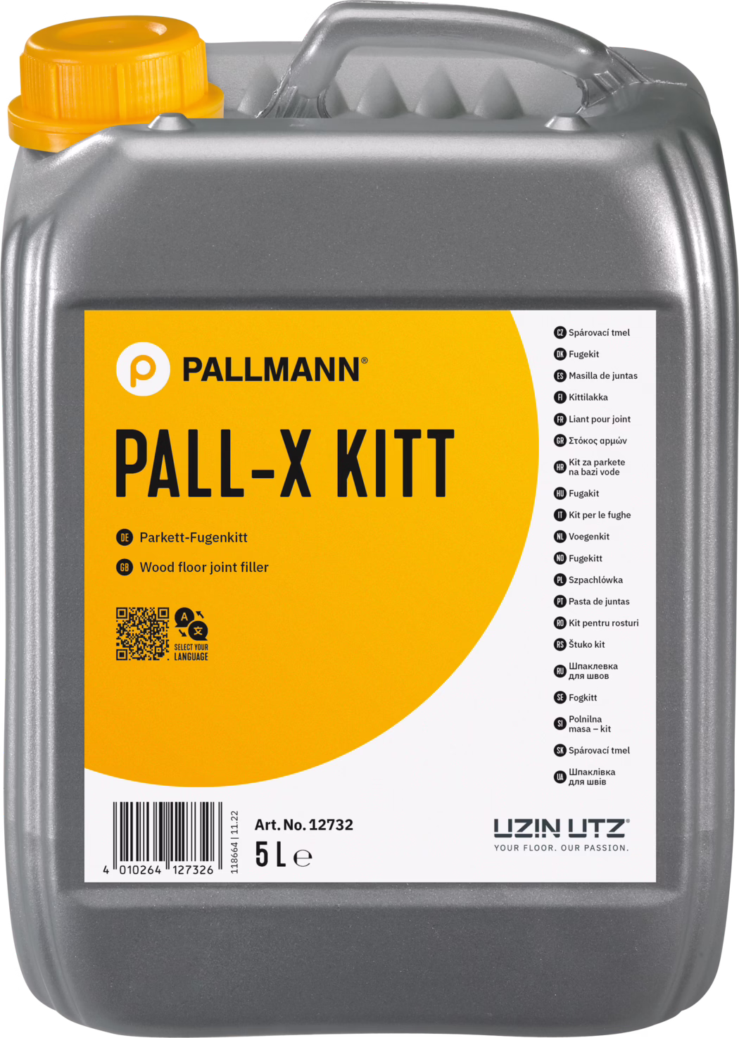 PALLMANN_dummy_Pall-X-Kitt_5l_msl_2021-12 Bidon en plastique gris de 5 litres avec bouchon jaune à vis, destiné au mastic pour joints de parquet. À l'avant, une grande étiquette orange et blanche porte le nom de la marque PALLMANN et le nom du produit PALL-X KITT en lettres noires épaisses. L'étiquette indique Parkett-Fugenkitt et Wood floor joint filler, comporte un code-barres, un QR code, la référence Art. No. 12732 et la contenance 5 L, et affiche le logo UZIN UTZ. Le bidon possède une poignée intégrée en haut et une surface grise texturée.