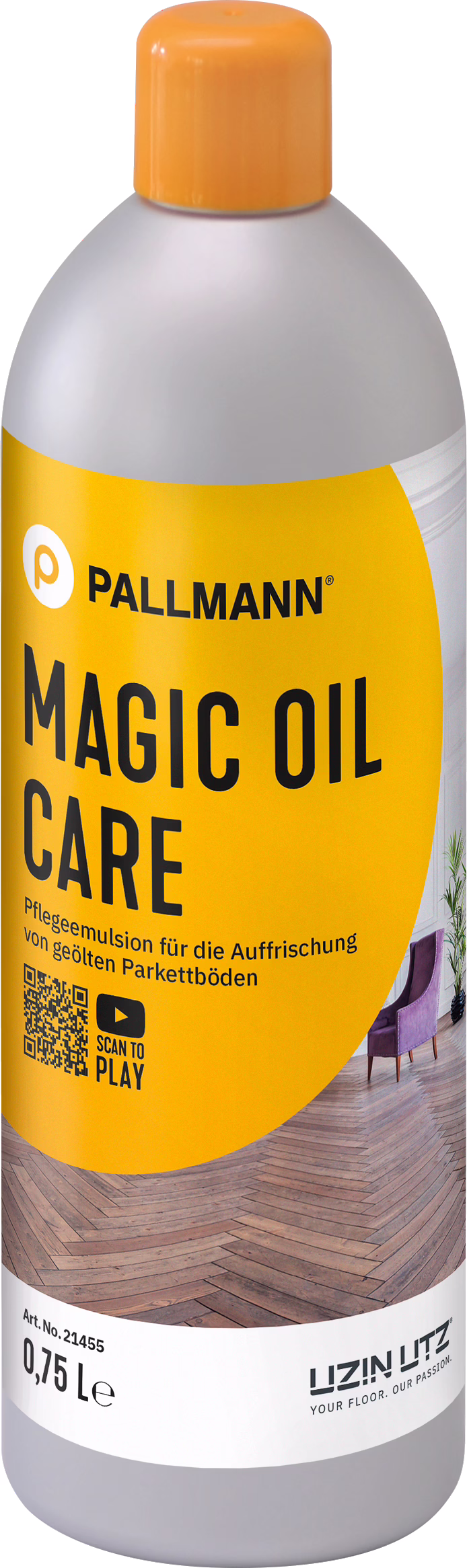 Photo d'une bouteille cylindrique en plastique de 0,75 L de la marque Pallmann intitulée 'Magic Oil Care'. Le corps de la bouteille est gris mat et le bouchon à vis est orange vif. Une grande étiquette jaune-orangée couvre l'avant, affichant le nom de la marque 'PALLMANN' et le nom du produit 'MAGIC OIL CARE' en lettres majuscules, ainsi que la mention allemande 'Pflegeemulsion für die Auffrischung von geölten Parkettböden'. L'étiquette présente également une image de parquet point de Hongrie, un fauteuil violet, un QR code avec l'icône 'Scan to play', le logo Uzin Utz, le n° d'article 21455 et la contenance 0,75 L. Le visuel met en avant le design de l'étiquette et suggère un produit d'entretien pour rafraîchir les parquets huilés.