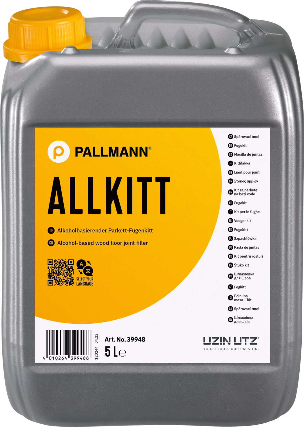PALLMANN_dummy_Allkitt_5l_msl_2022-08 Bidon en plastique gris métallisé de 5 litres avec une étiquette orange vif portant la mention 'ALLKITT' et le logo Pallmann. Le bouchon vissé jaune se situe en haut à gauche, le bidon possède une poignée intégrée sur le dessus et des nervures embossées sur l'épaulement. L'étiquette affiche des informations produit en plusieurs langues, un code QR, un code-barres, la référence 'Art. No. 39948' et le volume '5 L'. Le produit est décrit comme un mastic de joint pour parquet à base d'alcool. La colonne de droite présente des traductions dans de nombreuses langues et en bas à droite figure le logo UZIN UTZ. La surface du bidon présente un léger grain et un aspect métallique, avec des coins arrondis.