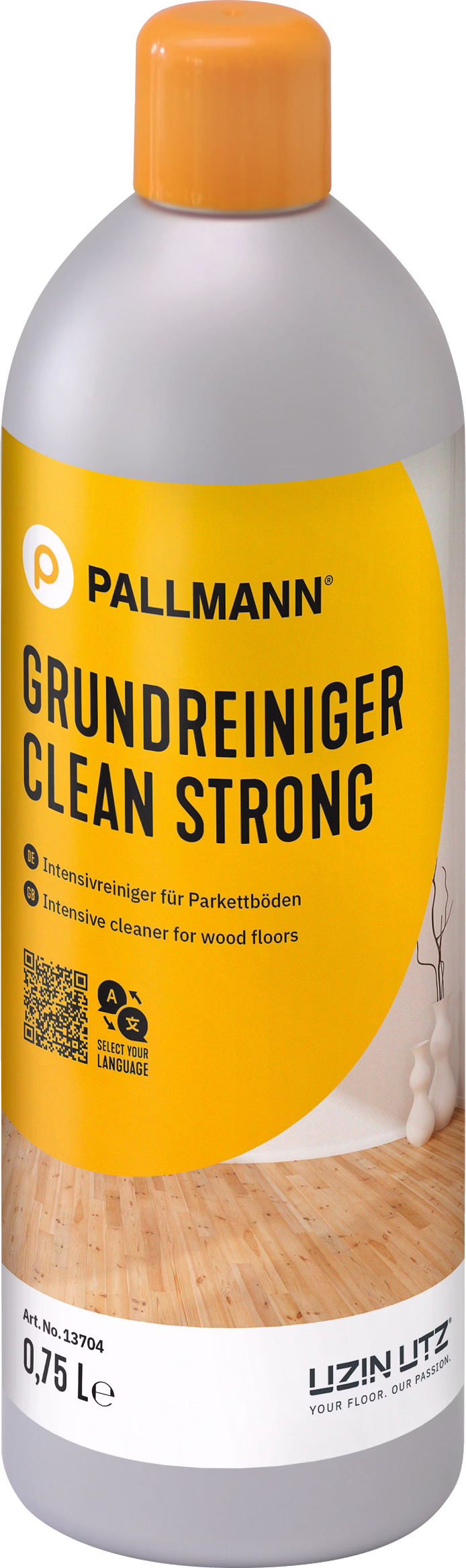 PALLMANN_dummy_CLEAN-STRONG_0,75l_msl_2021-12 Une grande bouteille en plastique avec un bouchon à vis orange et une étiquette jaune vif portant le nom de la marque PALLMANN et le nom du produit GRUNDREINIGER CLEAN STRONG. Le flacon contient 0,75 L de nettoyant intensif pour parquets et sols en bois. L'étiquette affiche une typographie noire en gras, un QR code, de petits pictogrammes et une photo d'un parquet en bois clair ; le logo UZIN UTZ et le slogan 'YOUR FLOOR. OUR PASSION.' figurent près du bas. Le contenant a des épaules arrondies et un corps en plastique gris, évoquant un produit professionnel pour un nettoyage en profondeur et l'élimination des salissures tenaces sur les sols en bois.