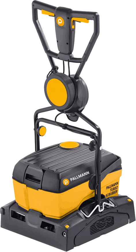 Autolaveuse professionnelle PALLMANN Turbo Scrubber de couleur jaune et gris foncé. L'appareil vertical est équipé d'une poignée robuste avec commandes intégrées et d'un enrouleur de câble, d'une base rectangulaire compacte avec carter de brosse et grilles d'aération, de logos visibles sur le côté et d'une construction solide en plastique pour un nettoyage intensif des sols en milieu professionnel.