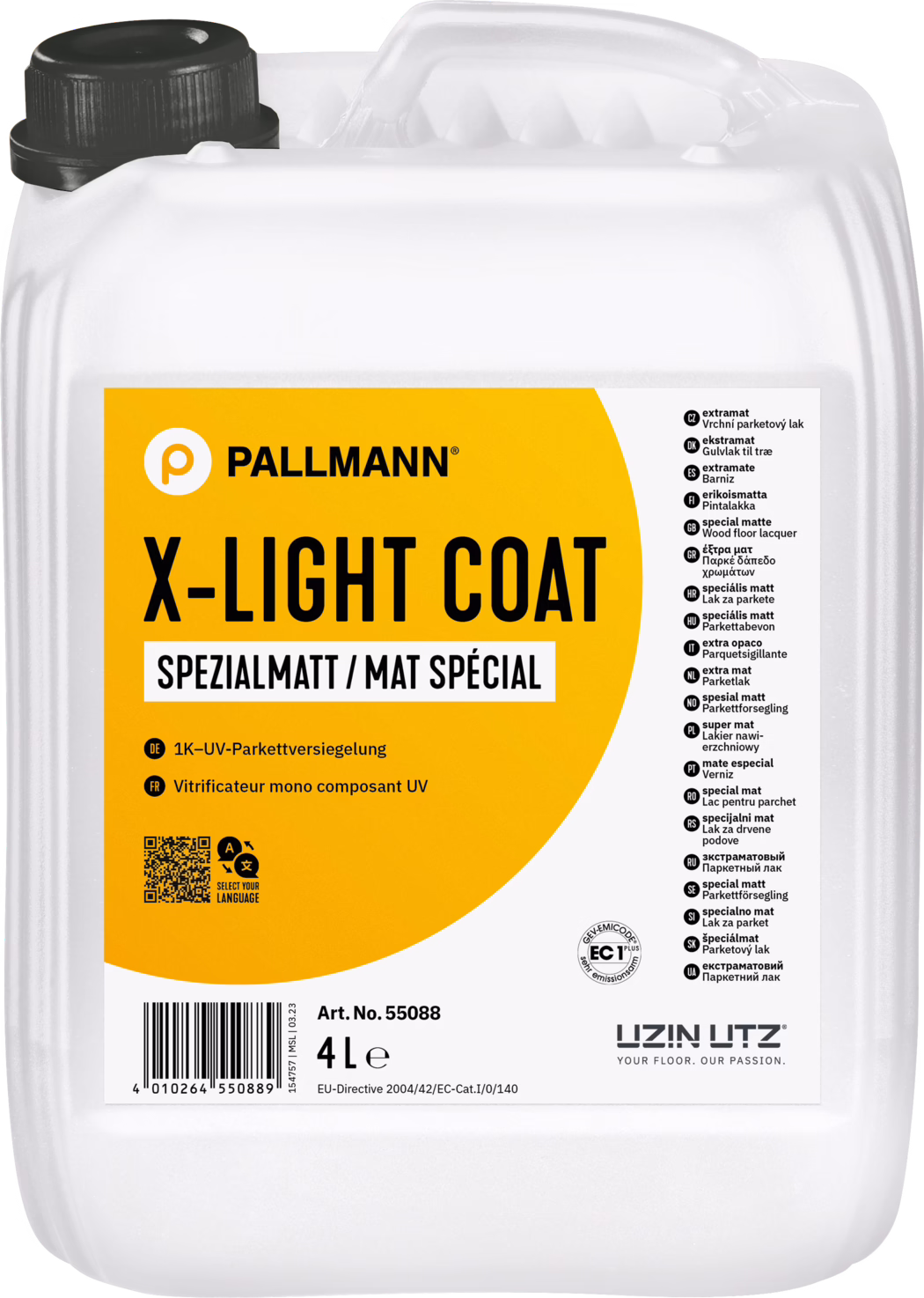 PALLMANN_dummy_X-Light-Coat_semi-gloss_4l_msl_2023-10 Un bidon en plastique blanc de 4 litres avec une grande étiquette orange indiquant 'PALLMANN X-LIGHT COAT' et 'SPEZIALMATT / MAT SPÉCIAL'. En haut à gauche se trouve un bouchon à vis noir et une poignée intégrée sur le dessus. L'étiquette comporte un code-barres, un QR code et des informations produit, notamment 'Art. No. 55088' et '4 L'. Sur la droite figure une liste verticale de traductions de 'special matte', et en bas à droite le logo UZIN UTZ ainsi que le sceau EC1. Le bidon est photographié sur fond blanc et présente une surface plastique légèrement brillante.