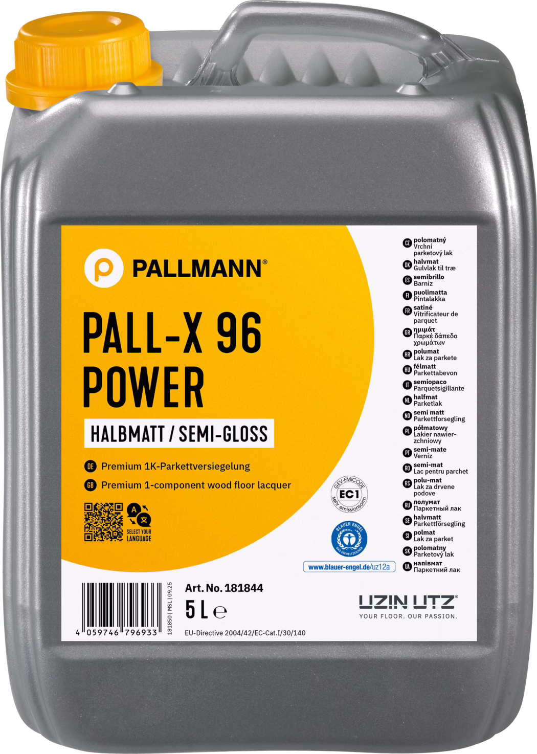 PALLMANN_dummy_Pall-X-96-Power_halbmatt_5l_msl_2026-01 Grand bidon en plastique gris de 5 litres de vernis pour parquet Pallmann PALL‑X 96 Power. Le conteneur rectangulaire comporte une poignée intégrée sur le dessus, un bouchon à vis jaune vif et une étiquette orange et blanche portant la mention 'PALL‑X 96 POWER' et 'HALBMATT / SEMI‑GLOSS'. L'étiquette présente des indications multilingues, des symboles, un code-barres, la référence article (Art. No. 181844) et le logo du fabricant UZIN UTZ. Photo produit en studio sur fond blanc montrant clairement la forme, le libellé et la capacité.