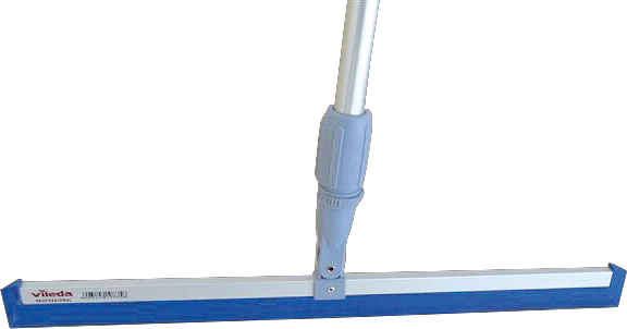 Raclette à sol manuelle avec long manche en métal et lame en caoutchouc bleue fixée à un support en plastique blanc ; la marque « Vileda » est visible à une extrémité, photographiée sur fond blanc.
