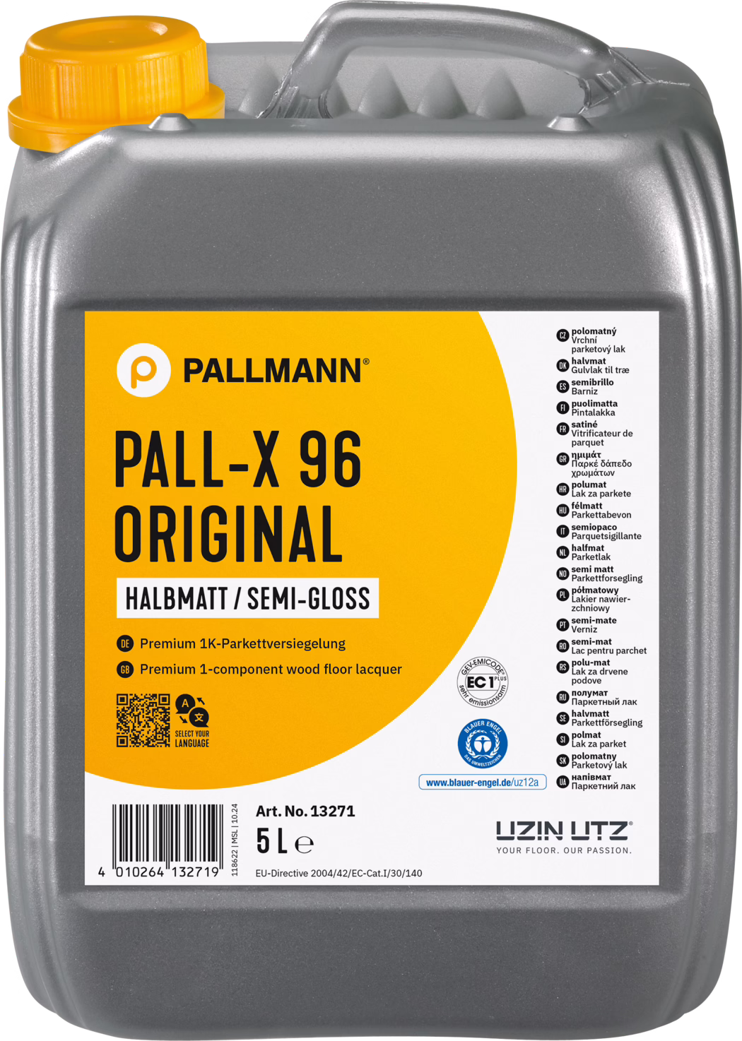 Bidon gris en plastique de 5 litres de la marque Pallmann : PALL-X 96 Original, vernis parquet semi-brillant. Le contenant rectangulaire est muni d'une poignée supérieure et d'un bouchon jaune ; l'étiquette orange affiche en caractères noirs le nom 'PALL-X 96 ORIGINAL' et une partie blanche avec des descriptions multilingues et des pictogrammes de certification (dont l'Écolabel Blauer Engel). On trouve 'Halbmatt / Semi-Gloss', 'Premium 1-component wood floor lacquer', numéro d'article 13271, code-barres et '5 L'. Conçu pour la protection et la finition des sols en bois ; vernis monocomposant à base d'eau pour usage professionnel et particulier. La surface et la forme du bidon présentent des textures typiques de fabrication ; adapté à l'application au pinceau, rouleau ou machine.
