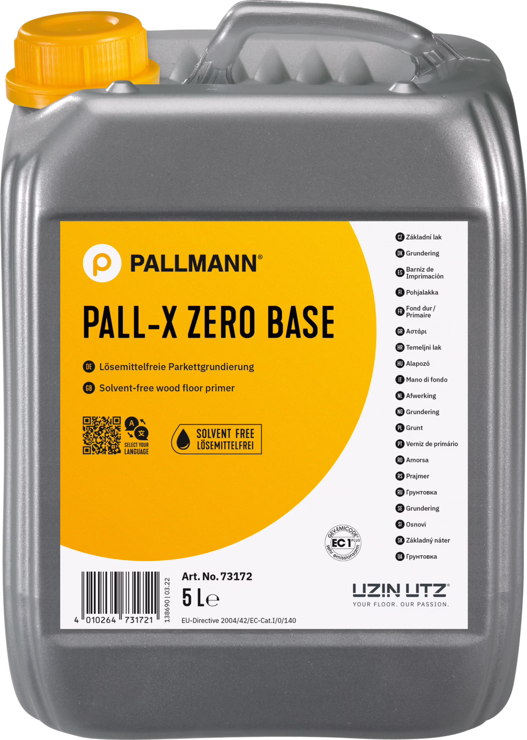 PALLMANN_dummy_Pall-X-Zero-Base_5l_msl_2021-12 Bidon plastique gris de 5 litres Pallmann 'PALL-X ZERO BASE', apprêt sans solvant pour parquets avec grande étiquette jaune et bouchon orange.